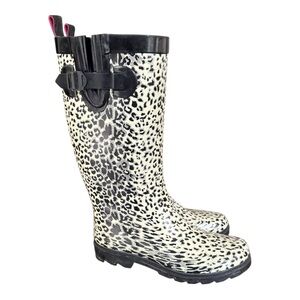 Capelli of New York Leopard Print Rain Winter Boots Tall BootsBlack Cream Size 8